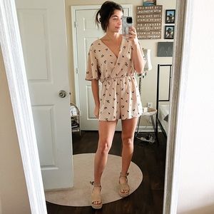 nude beige floral short sleeve low v dressy romper